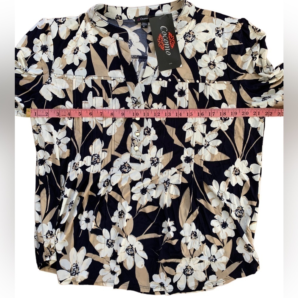 COCOMO XL Floral Blue Beige 3/4 sleeve women’s Pintuck Blouse tunic top … - Picture 11 of 12